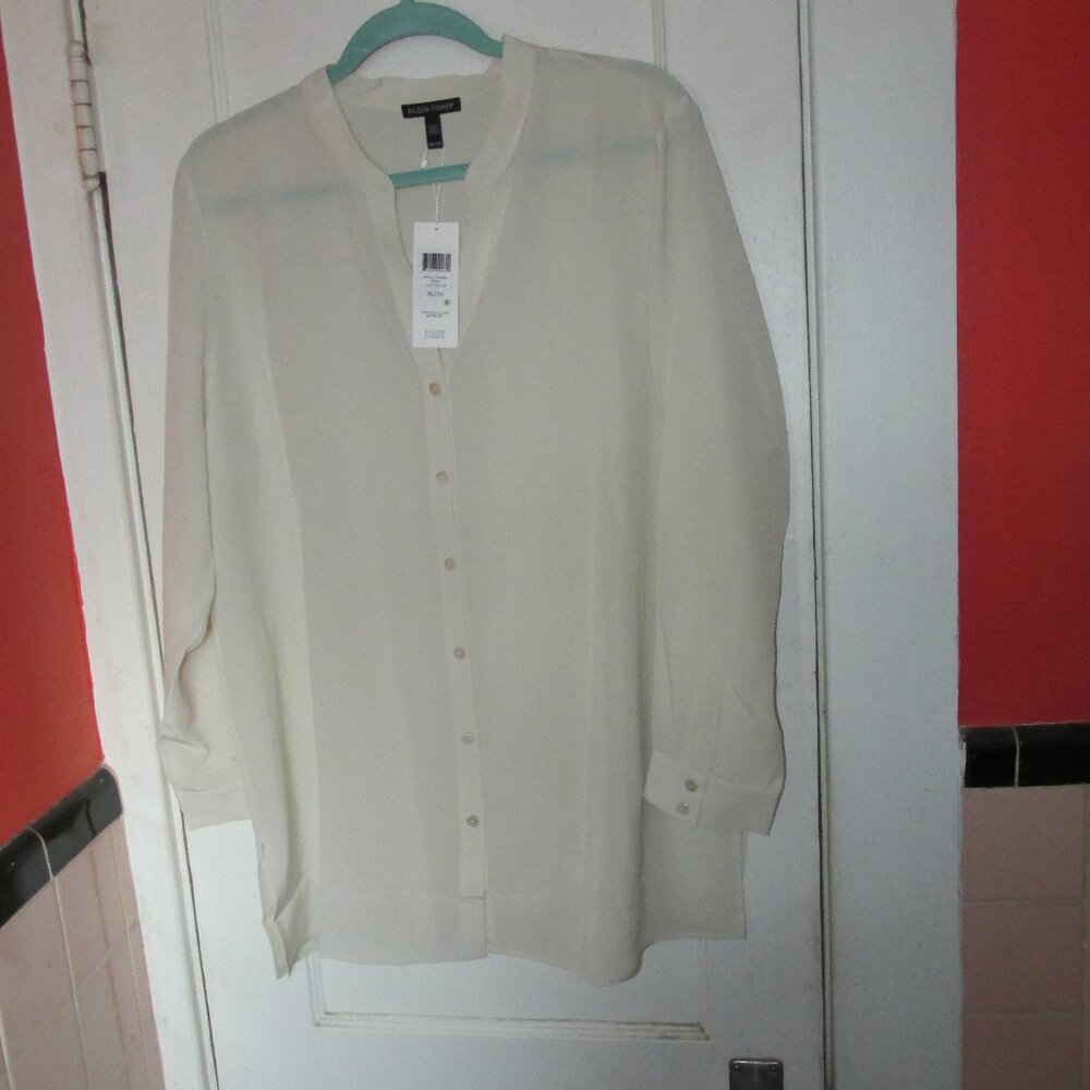 XL NWT Eileen Fisher Silk Crepe de Chine White Blouse Button Shirt Stand Collar